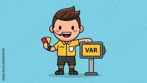 Smiling cartoon football referee with headset showing VAR monitor and holding penalty cards.