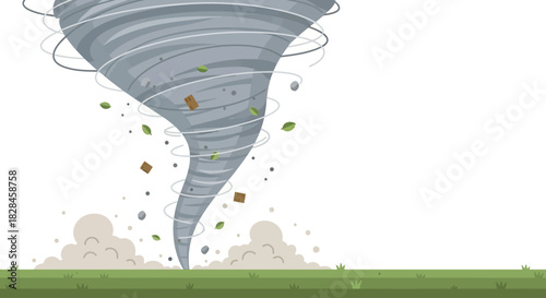 Cartoon Tornado Illustration Showing a Forceful Weather Phenomenon Over Green Pasture