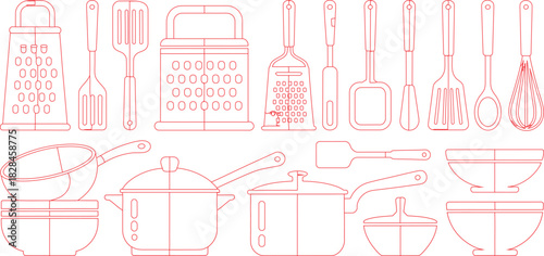 Red Line Art Kitchen Tools Including Graters, Spatulas, Pots, Pans, Bowls, and Whisk Designs