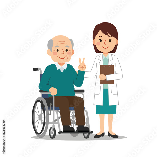 Smiling elderly man in wheelchair with female doctor holding clipboard.