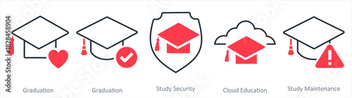 A set of 5 contact icons as graduation, study security, cloud education