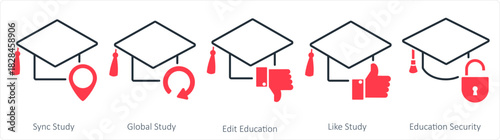 A set of 5 contact icons as sync study, global study, edit education