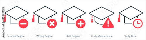 A set of 5 contact icons as remove degree, wrong degree, add degree