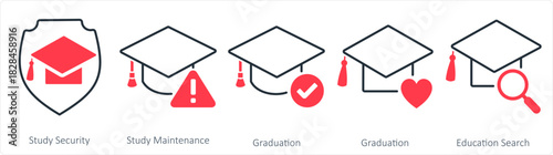 A set of 5 contact icons as study security, study maintenance, graduation