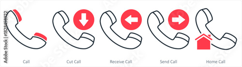 A set of 5 contact icons as call, cut call,  receive call