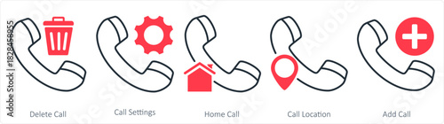 A set of 5 contact icons as delete call, call settings, home call