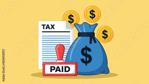 Tax Payment Concept with Document Money Bag Coins and Paid Stamp.