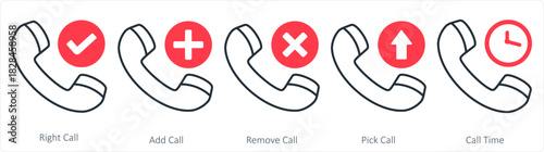 A set of 5 contact icons as right call, add call, remove call