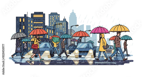 Rainy urban scene with pedestrians crossing the street with umbrellas in city landscape
