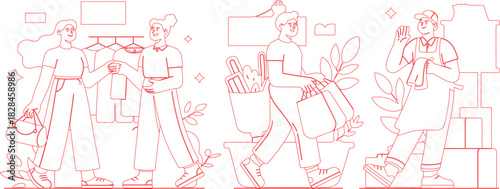 Red Outline Illustration of People Shopping, Grocery Shopping, and Working in Customer Service