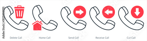 A set of 5 contact icons as delete call, home call, send call