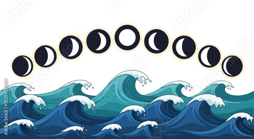 Illustrative progression of lunar phases over stylized ocean waves, showing cosmic connection