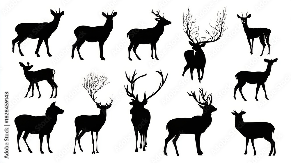 Fototapeta premium Deer silhouette vector illustration bundle featuring multiple stag and doe poses in simple black outlines on white background for wildlife design and nature artwork