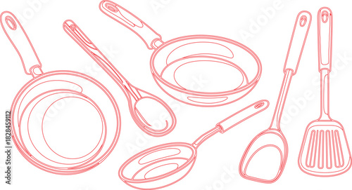 Red Outline Kitchen Utensils Frying Pans, Spoons, and Spatulas in Style