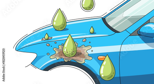 Abstract illustration displaying green liquid droplets contaminating the surface of a blue car