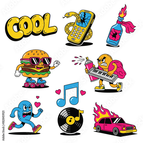 Vibrant Retro Cartoon Sticker Pack with Diverse Pop Art Elements.