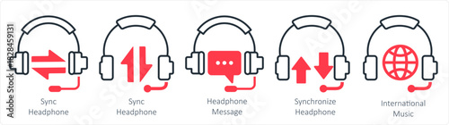 A set of 5 contact icons as sync headphone, headphone message, synchronize headphone