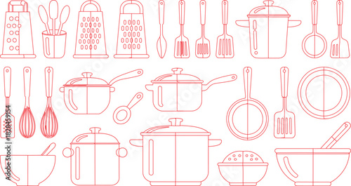 Red Outline Kitchen Utensils Pots, Pans, Spatulas, Graters, Bowls, Whisk, Ladles, and More on White Background