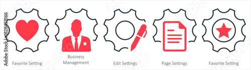 A set of 5 contact icons as favorite setting, business management, edit settings