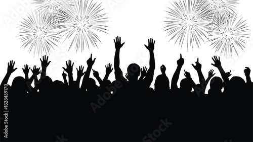 Silhouette of excited crowd with hands raised, celebrating a festive event under dazzling fireworks, isolated on white background