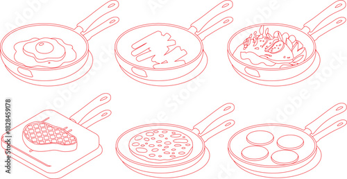 Red Outline of Food in Skillets Steak, Egg, Pancakes, Hash Browns, and Other Ingredients