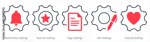A set of 5 contact icons as notification setting, favorite setting, page settings