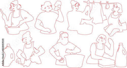 Red Outlines of Women Doing Laundry Washing, Drying, Folding Clothes, and Cleaning