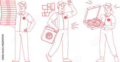 Three Outlined Pizza Delivery People, Holding Pizza Boxes, One Waving, Representing Pizza Delivery Services