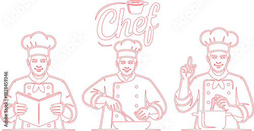 Three Outline Chefs Reading a Cookbook, Mixing Ingredients, and Cooking in a Pot Illustration