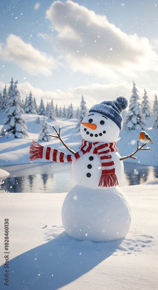Fototapeta premium Cheerful snowman wearing a scarf and hat in a snowy winter landscape