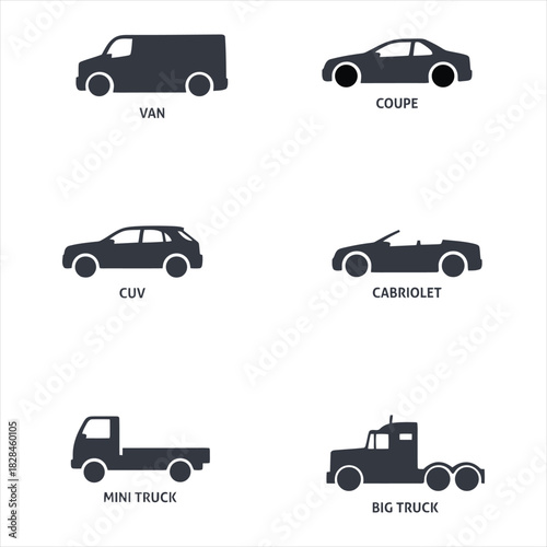 A diverse collection of flat vehicle icons representing different car and truck body styles for automotive classification and web design