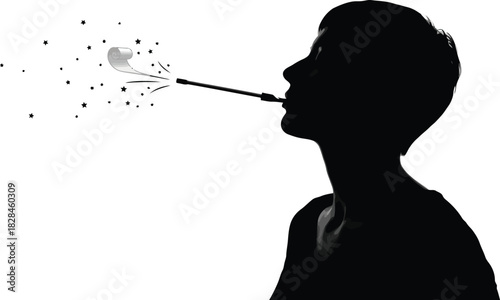 Silhouette of a person blowing a party horn with a burst of confetti, symbolizing celebration and joy, isolated on white background