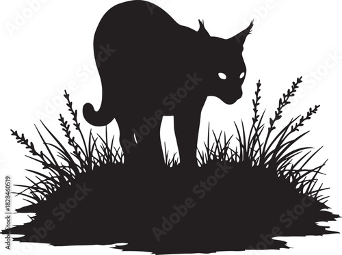 Black silhouette of a lynx standing in grass lynx silhouette