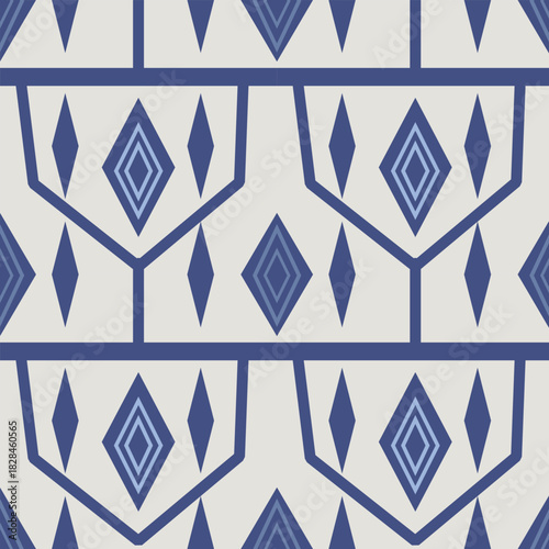 Geometric seamless pattern featuring a white background with indigo diamond shapes and connected angular lines. 