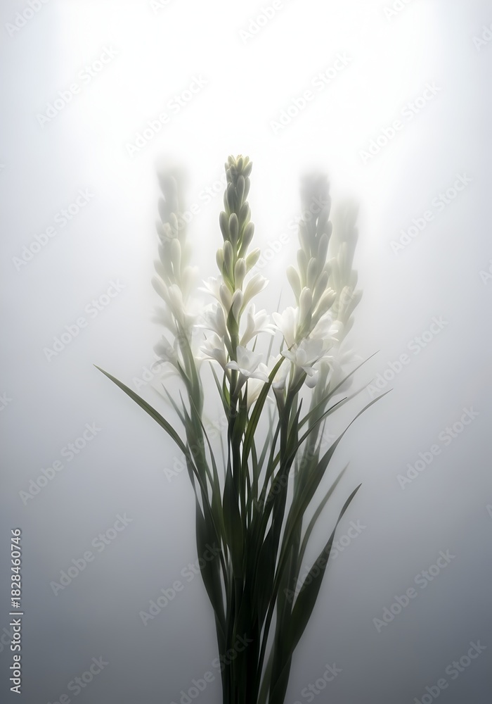 Fototapeta premium Elegant White Tuberose Flowers in Soft Focus a Study in Floral Beauty and Delicate Detail Presenting the Fragrant Blooms with Lush Green Leaves Against a Dreamy Background