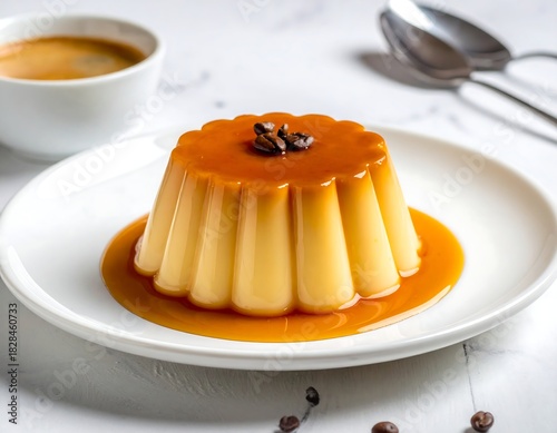 Delicious flan dessert, caramel sauce, coffee, and spoons