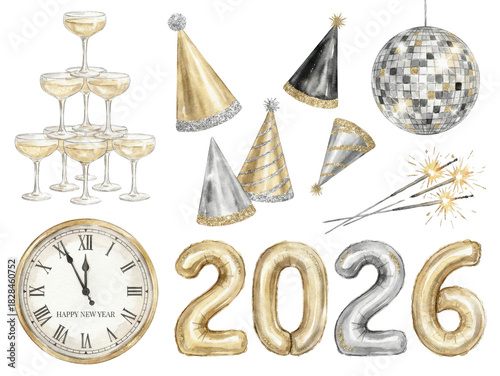 Watercolor New Year's Eve Party Set: Champagne, Clock, and Balloons Illustration