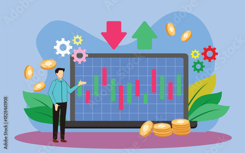 An illustration design depicting a trading mentor about selling shares, which contains many business and trade elements on it