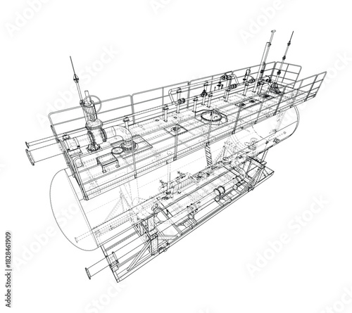Detailed Wireframe of a Submarine. Vector