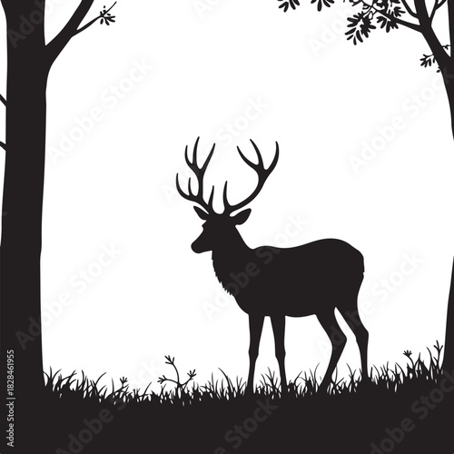 Black silhouette of a stag with antlers in a forest clearing