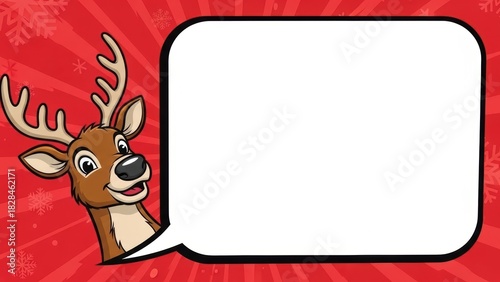 A charming cartoon reindeer with large antlers smiles against a festive red background, presenting a blank speech bubble for text