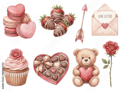 Valentine's Day Watercolor Desserts and Gifts on White