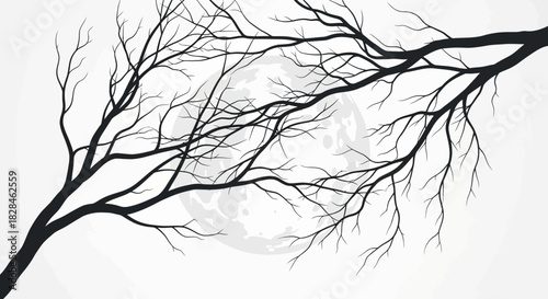 Striking monochrome of stark tree branches silhouetted against a serene moonlit backdrop