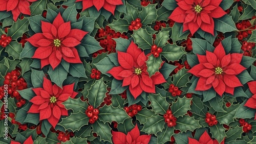 A seamless, detailed botanical illustration showcases a dense, repeating pattern of vibrant red poinsettia flowers and lush green holly leaves, perfect for festive designs