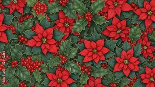 Joyful winter holiday seamless pattern featuring vibrant red poinsettias, green holly, and bright berries, perfect for festive designs