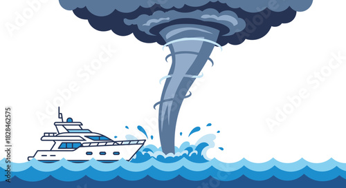Cartoon illustration featuring a modern yacht in stormy seas under a waterspout risk