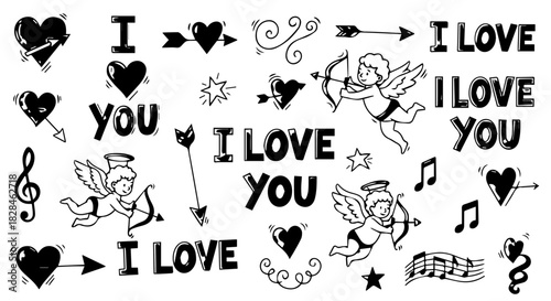 Whimsical doodle collage featuring I love you phrases, hearts, flowers, and musical motifs.