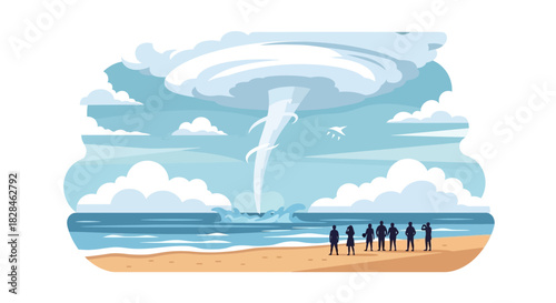Spectators watch as a waterspout forms over the tranquil ocean on a beach gathering watching