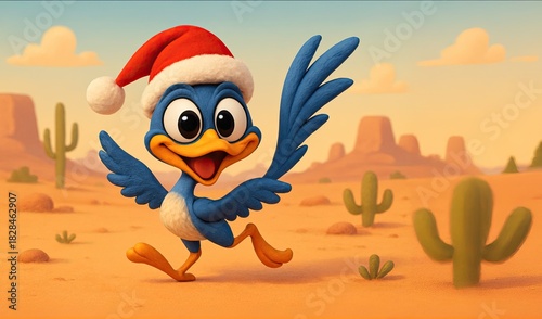 Happy Roadrunner Wearing a Santa Claus Hats in the Desert