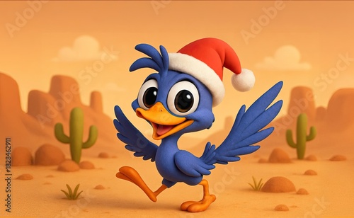 Happy Roadrunner Wearing a Santa Claus Hats in the Desert